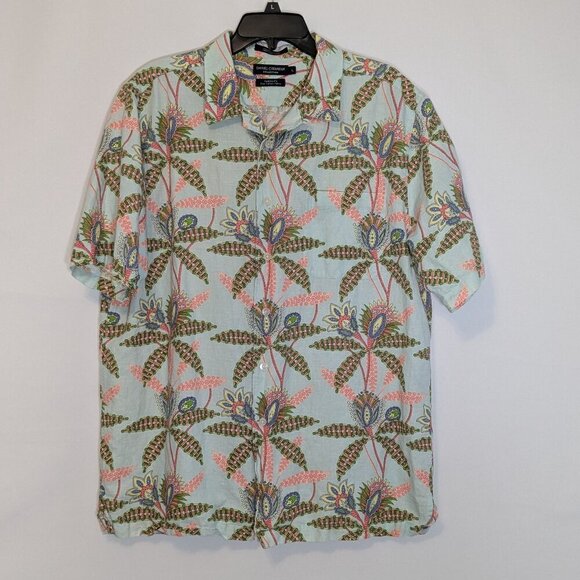 DANIEL CREMIEUX Tailored Fit Blue/Pink Tropical Short Sleeve Button Shirt Size L - Picture 1 of 6